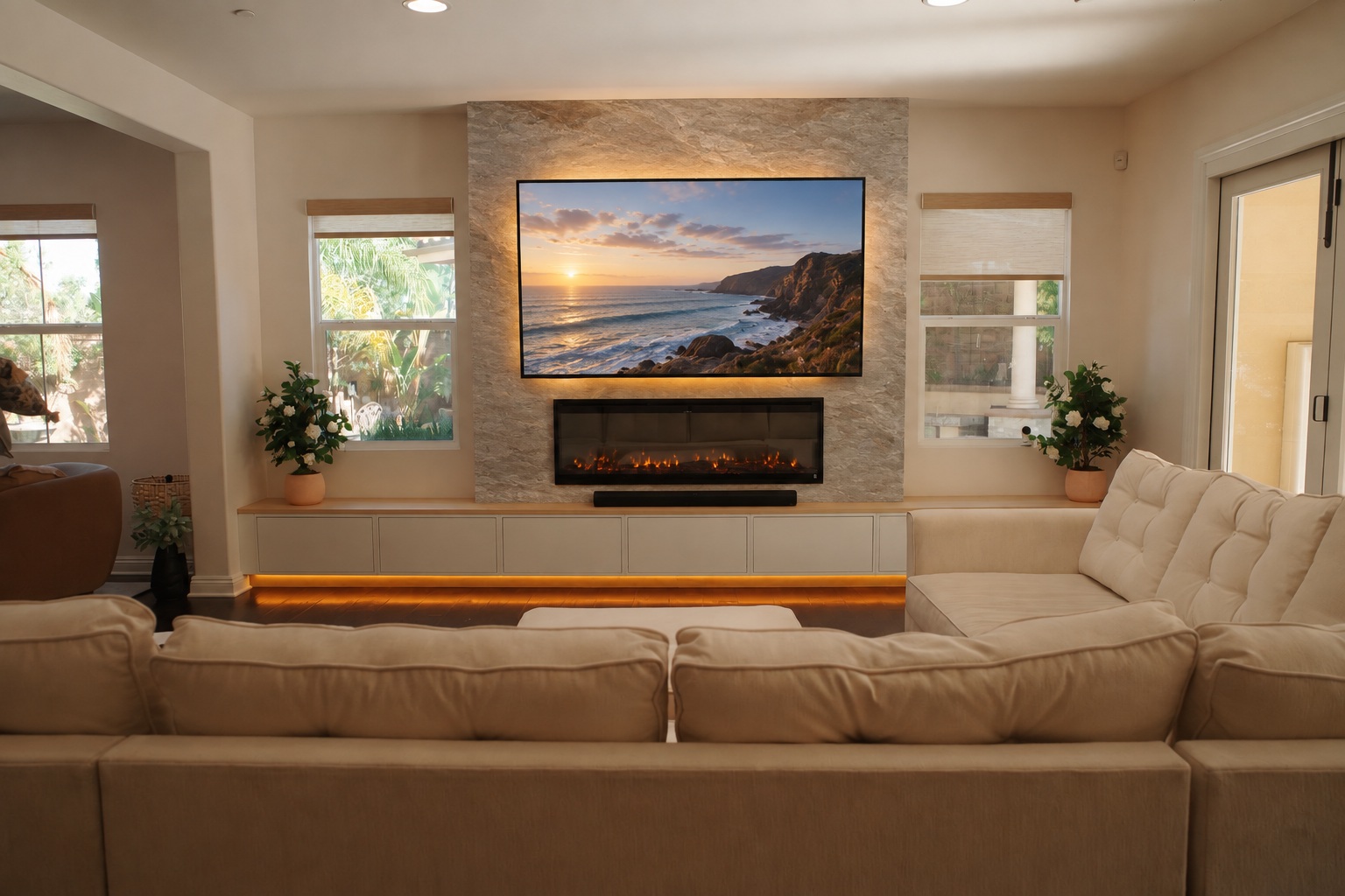 Floating cabinet & fireplace in natural stone veneer — AI design concept