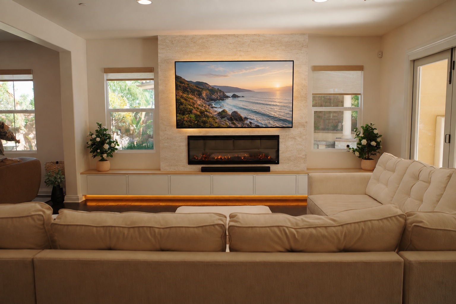 Floating cabinet & fireplace in large-format tile — AI design concept