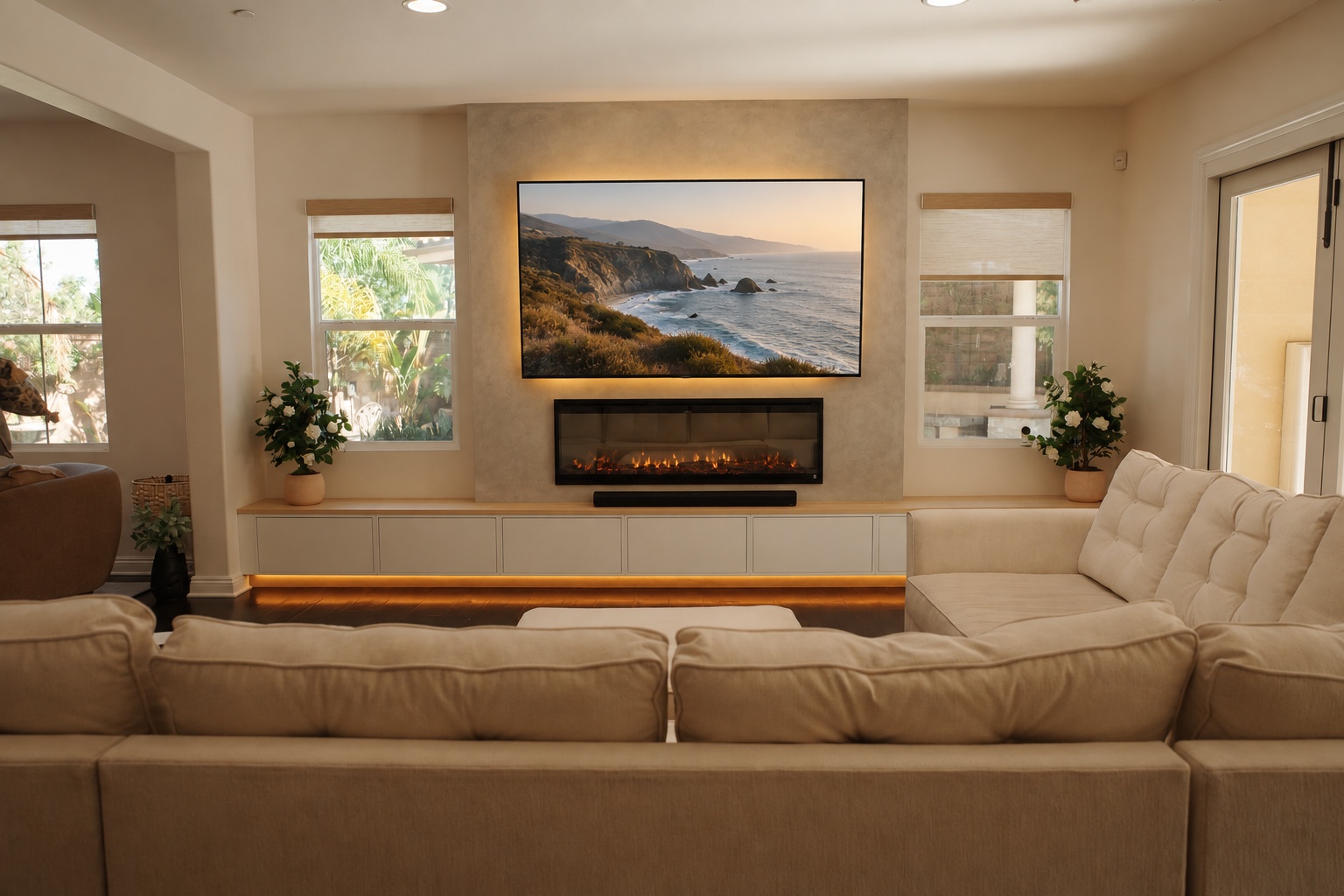 Floating cabinet & fireplace in soft mineral limewash — AI design concept