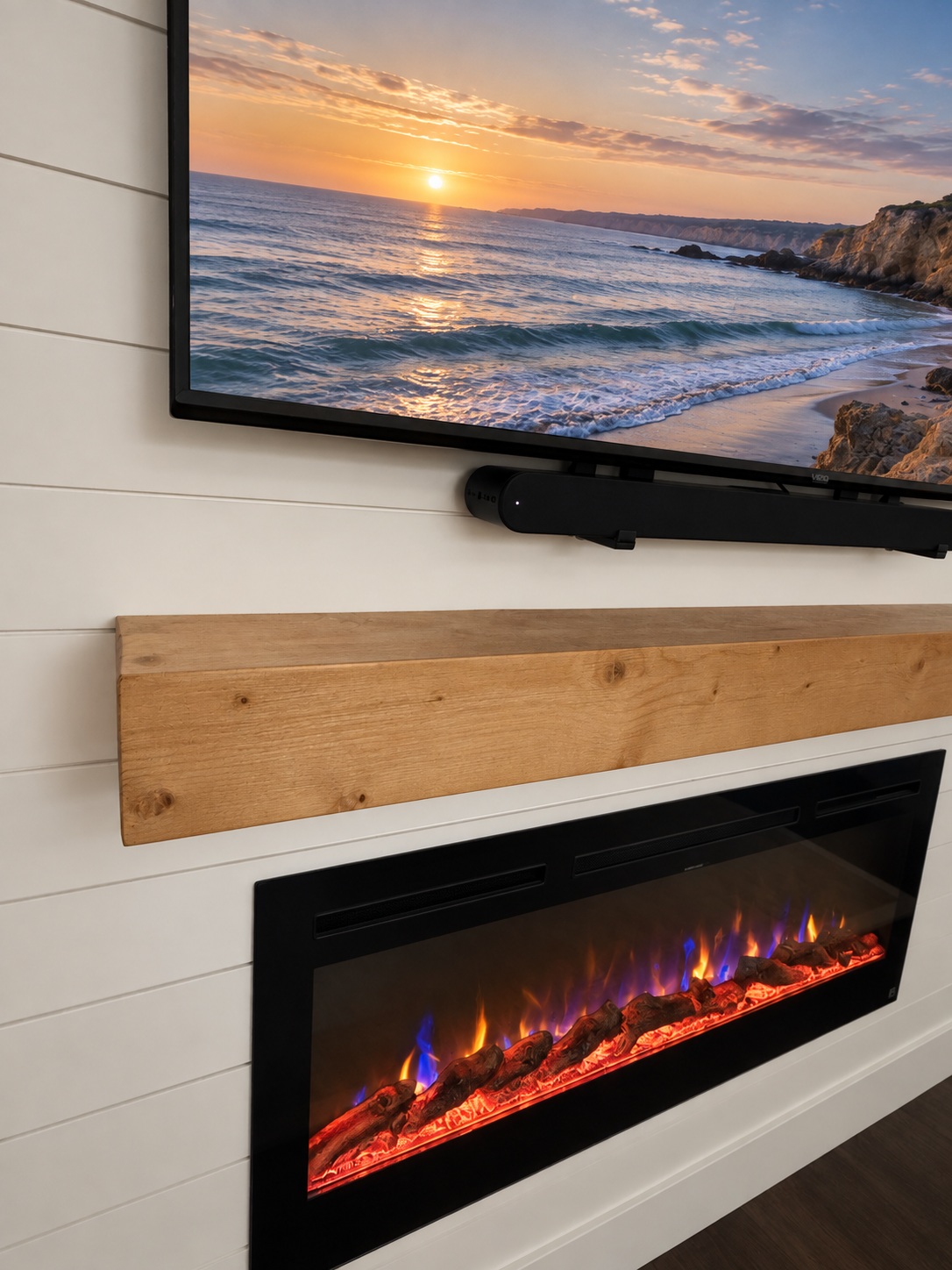 Shiplap & wood mantel — AI-enhanced detail