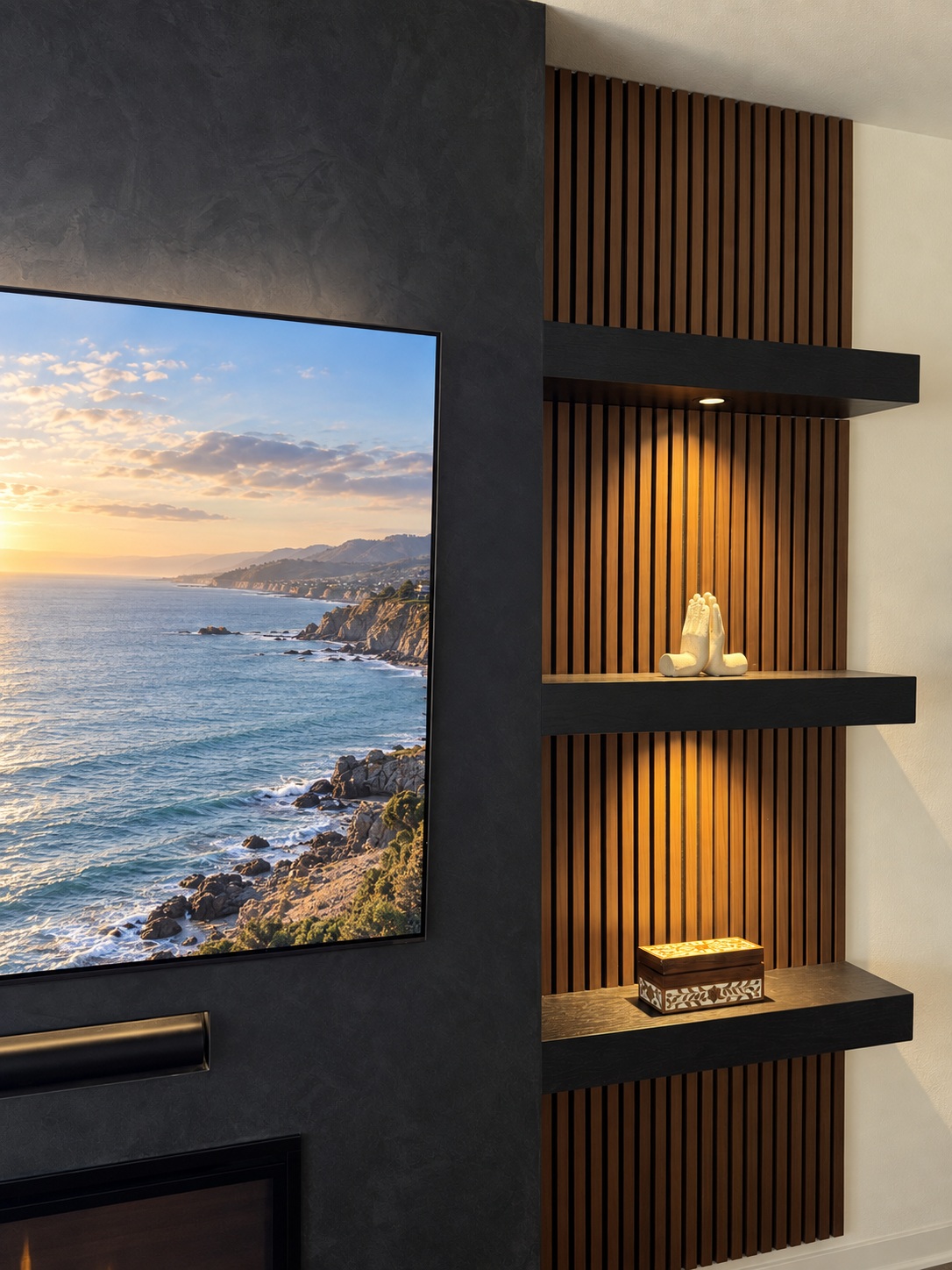 AI-enhanced California project detail showing warm shelf downlights and wood slats