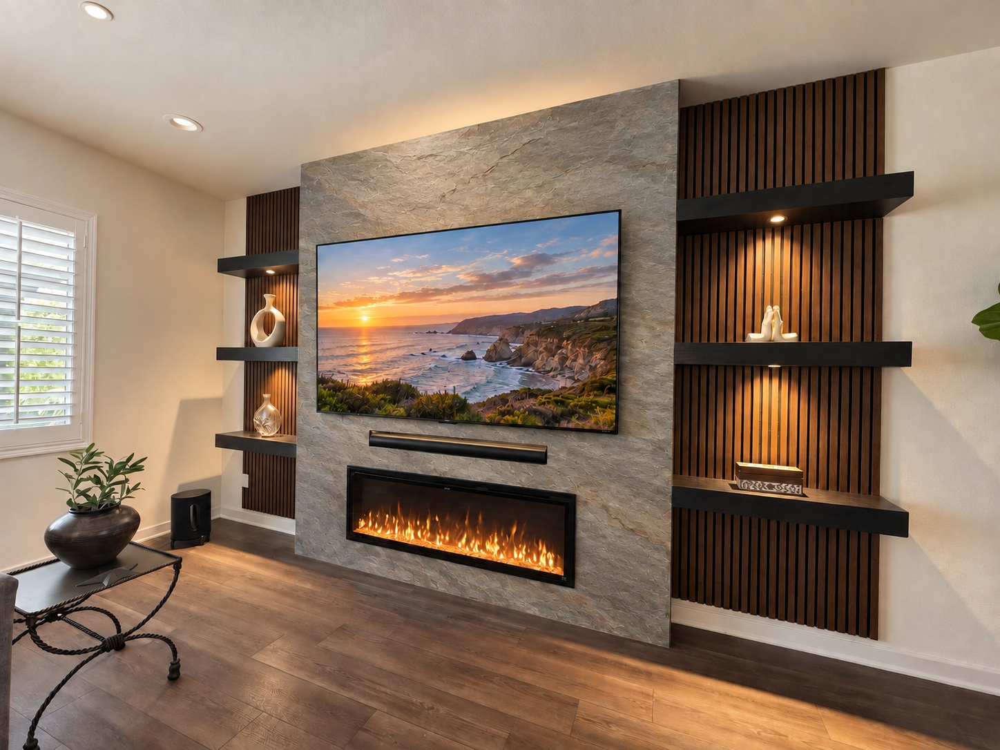 Charcoal & lit shelves in natural stone veneer — AI design concept