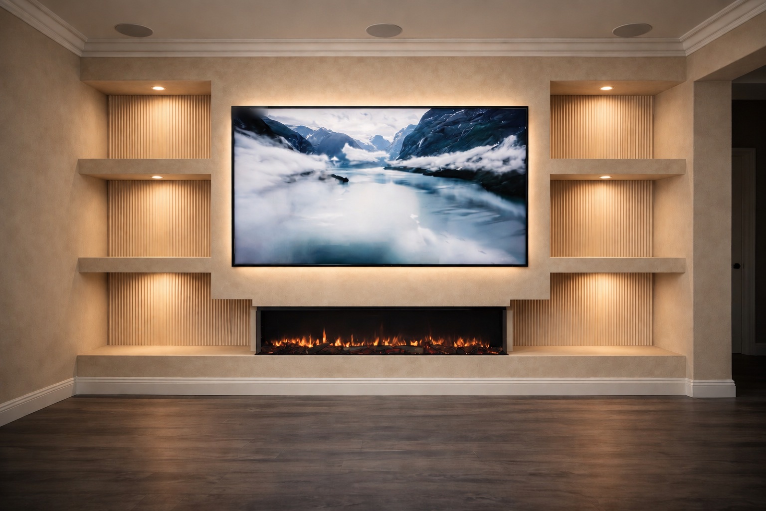Fluted niches & fireplace in soft mineral limewash — AI design concept
