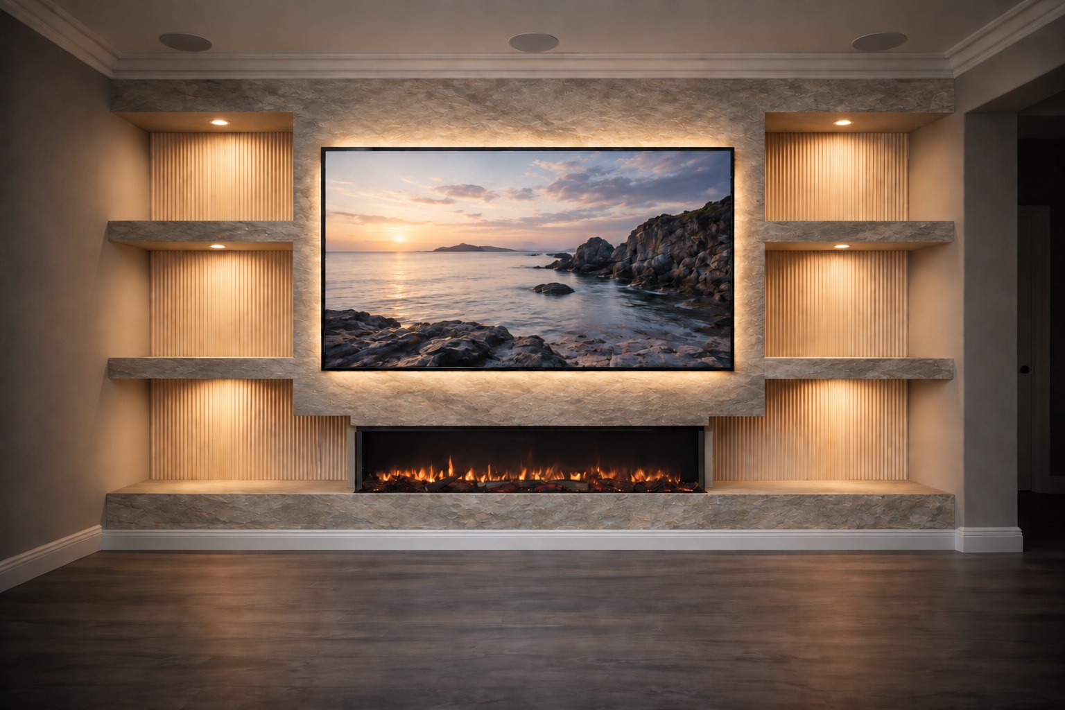 Fluted niches & fireplace in natural stone veneer — AI design concept