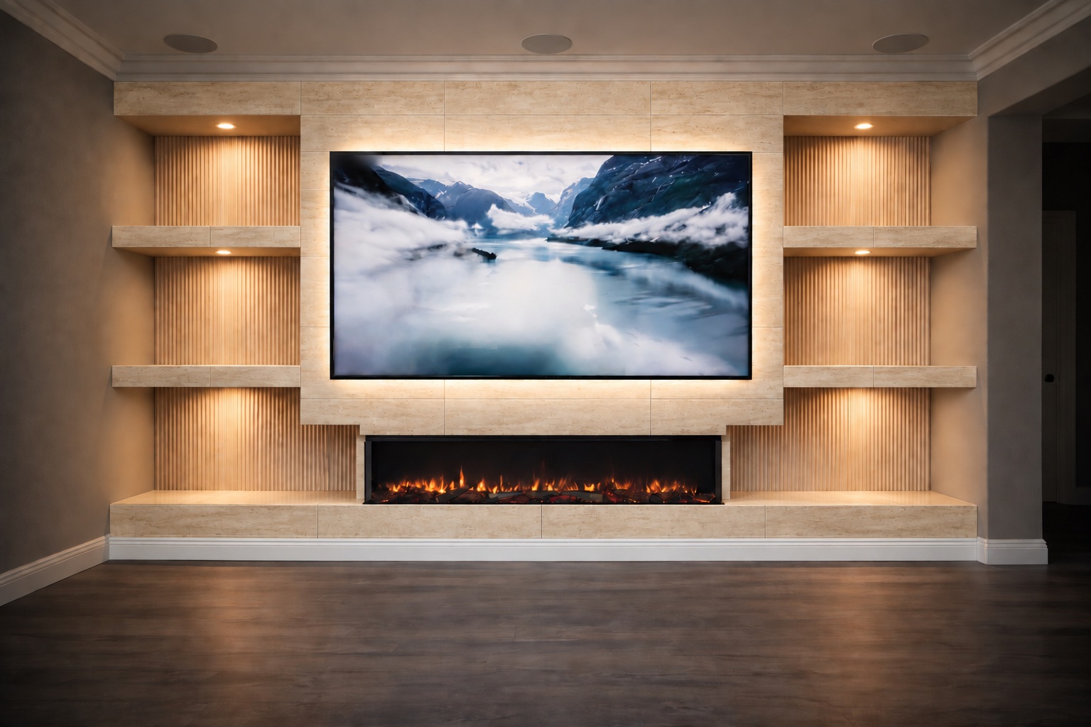 Fluted niches & fireplace in large-format tile — AI design concept