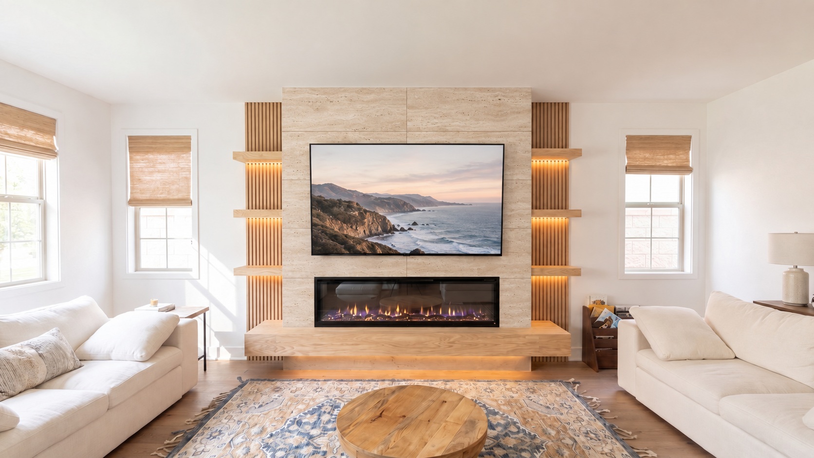 Roman clay & fluted oak in large-format tile — AI design concept
