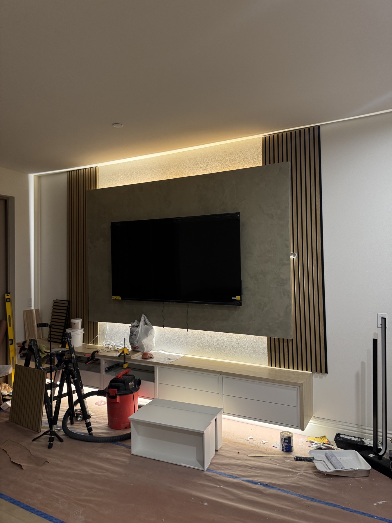 Installation — wood slats and lighting