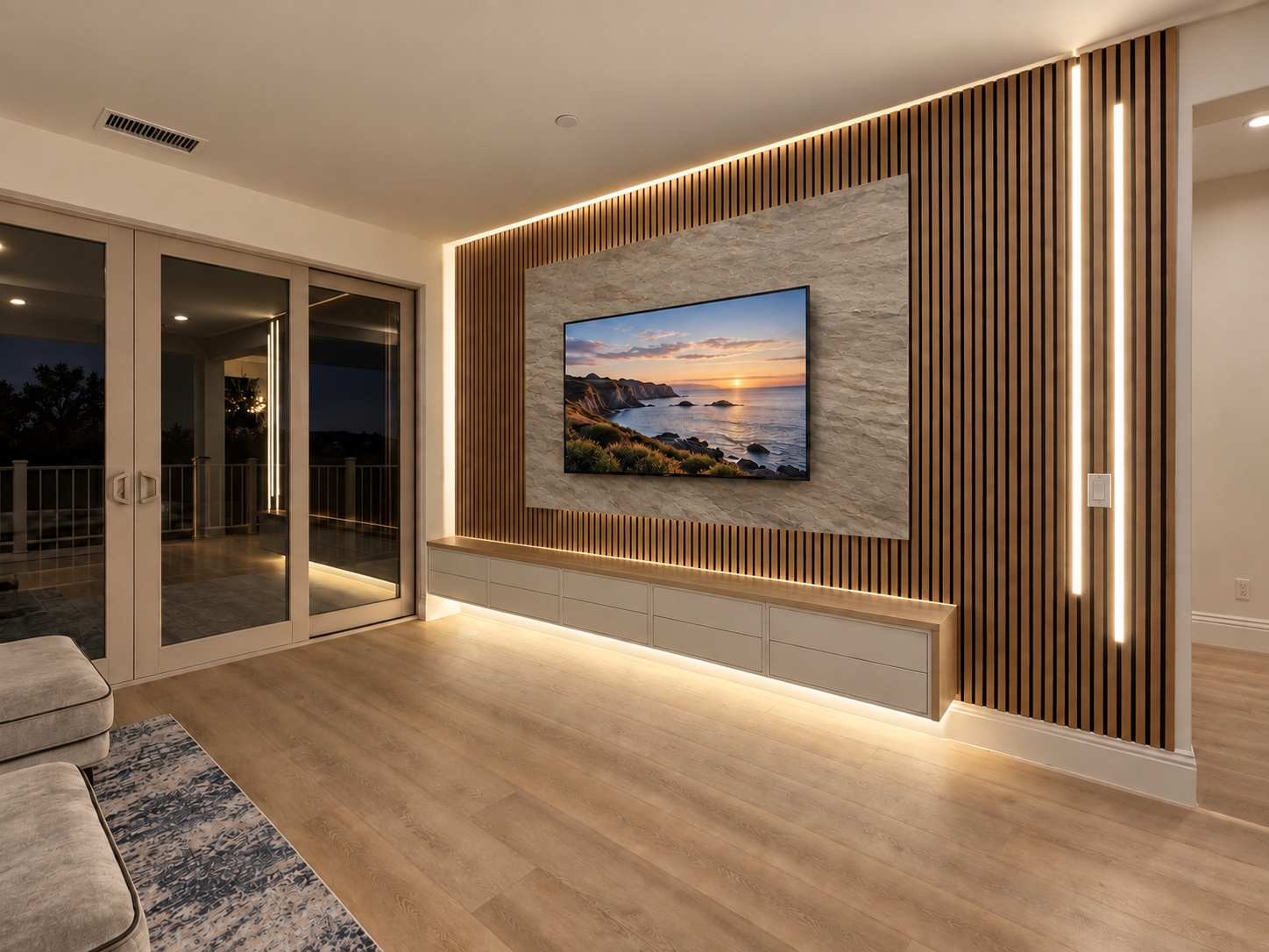 Wood slats & floating storage in natural stone veneer — AI design concept