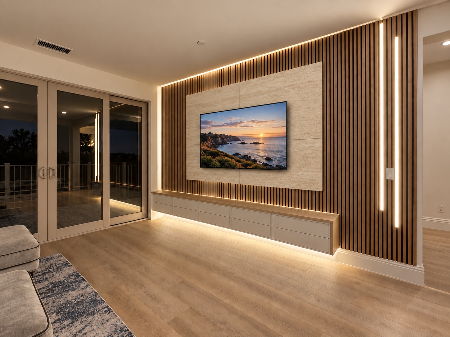 Wood slats & floating storage in large-format tile — AI design concept