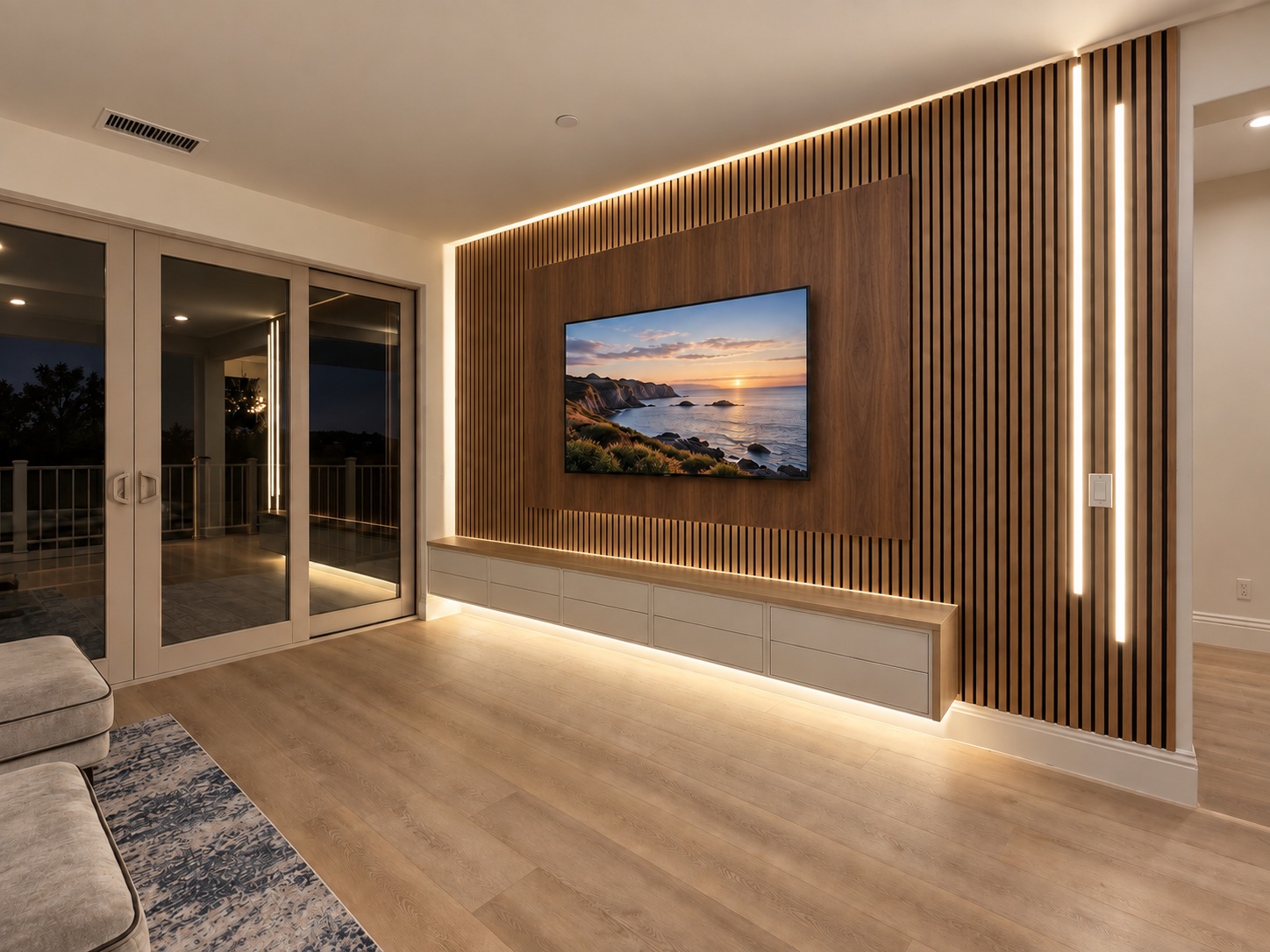 Wood slats & floating storage in natural walnut veneer — AI design concept