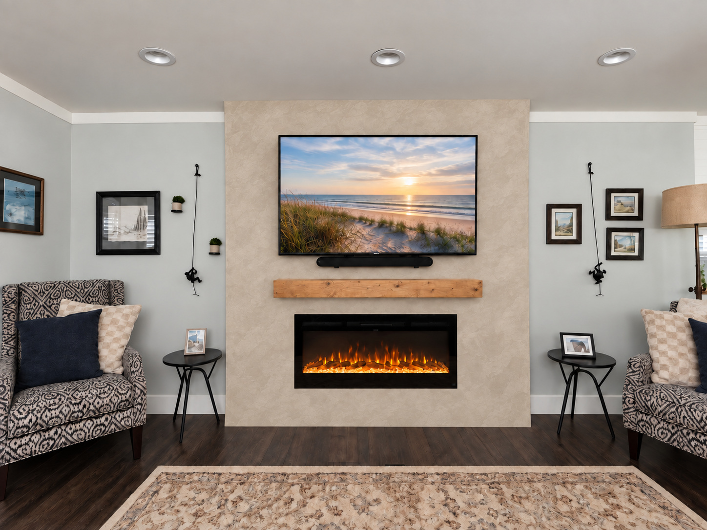 Shiplap & wood mantel in warm roman clay — AI design concept