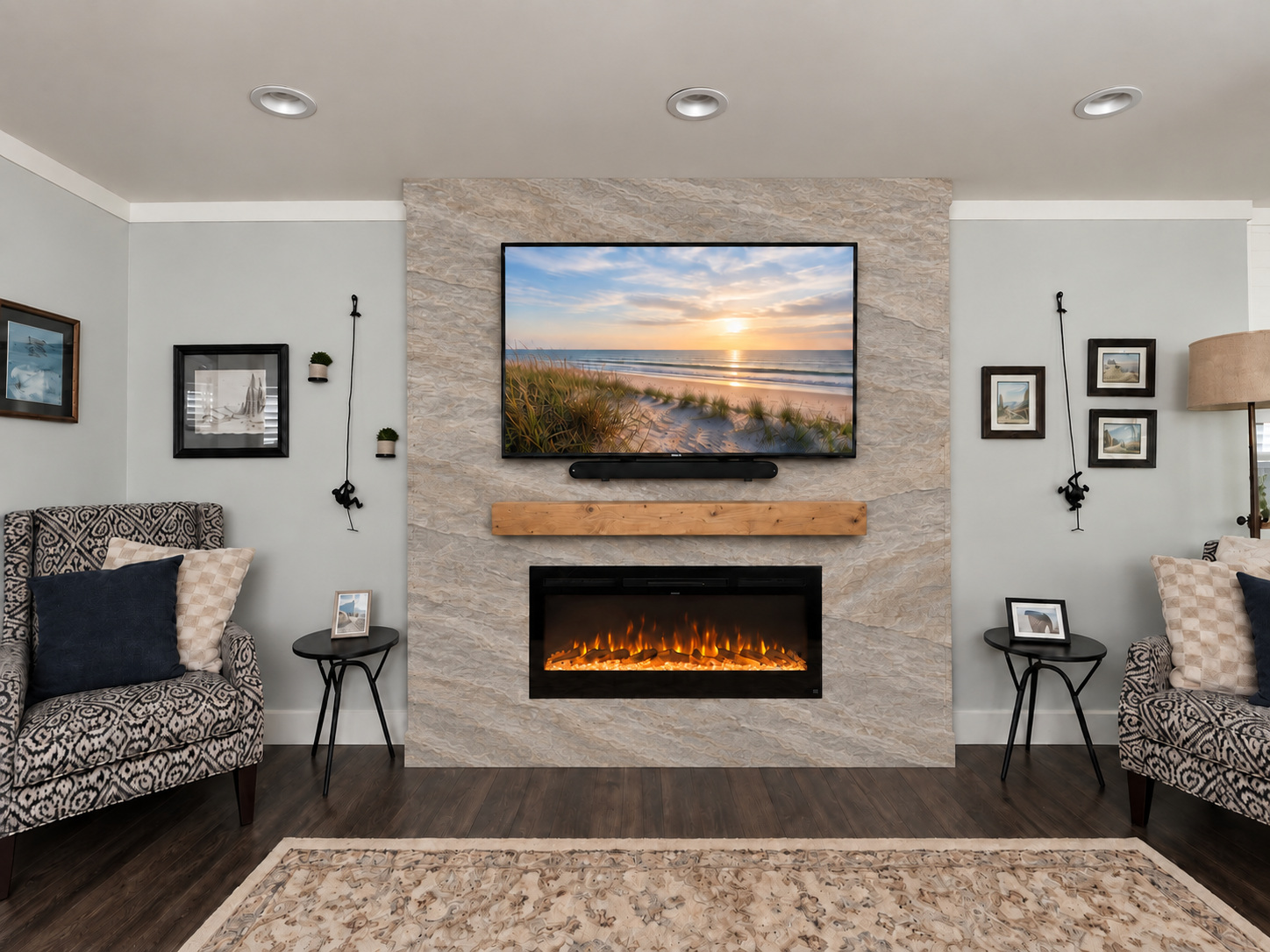 Shiplap & wood mantel in natural stone veneer — AI design concept