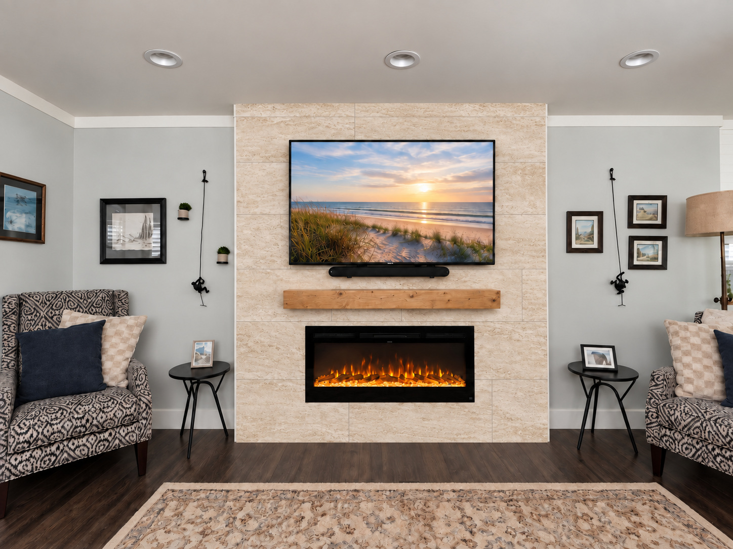 Shiplap & wood mantel in large-format tile — AI design concept