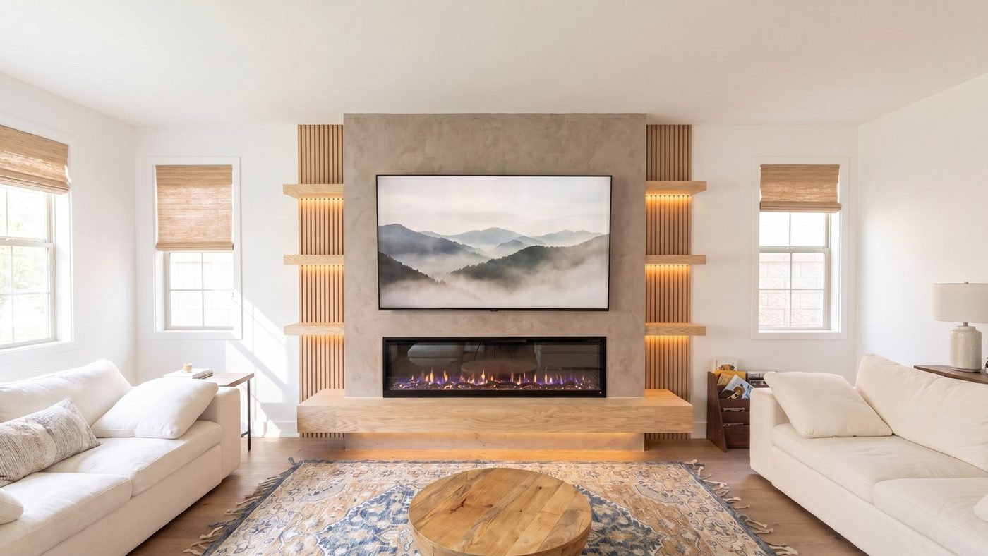 Roman clay and oak media wall from the LaMediaWall California portfolio