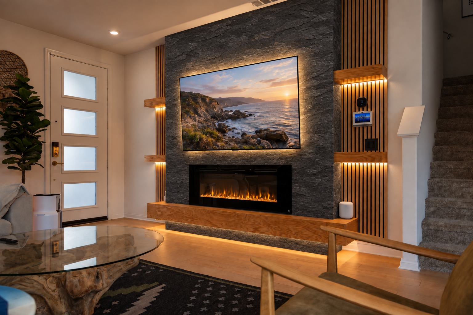 Vista media wall design concept in charcoal slate lightweight natural stone with oak shelves and a lit fireplace