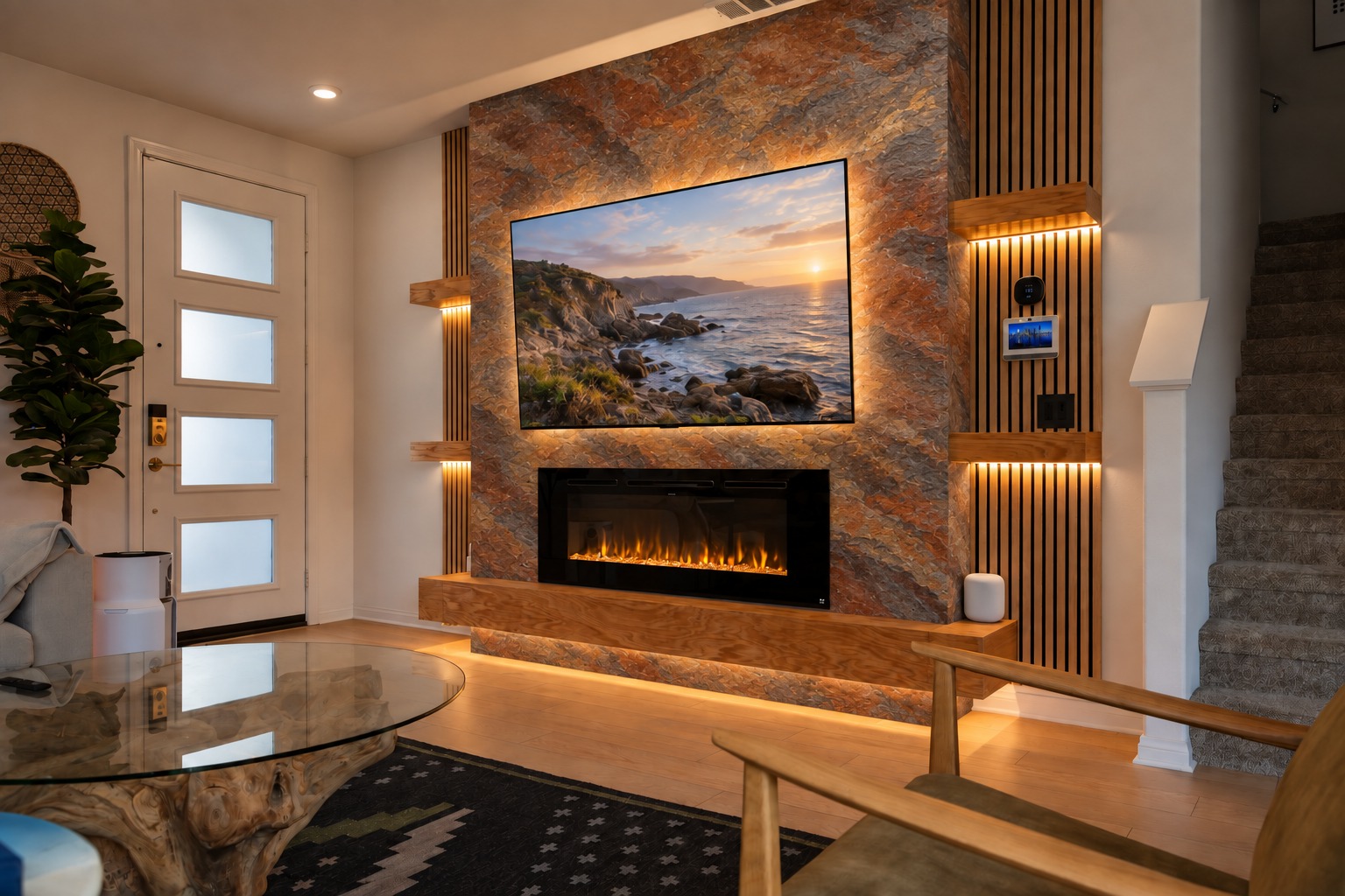 Vista media wall design concept in copper rust lightweight natural stone with oak shelves and a lit fireplace