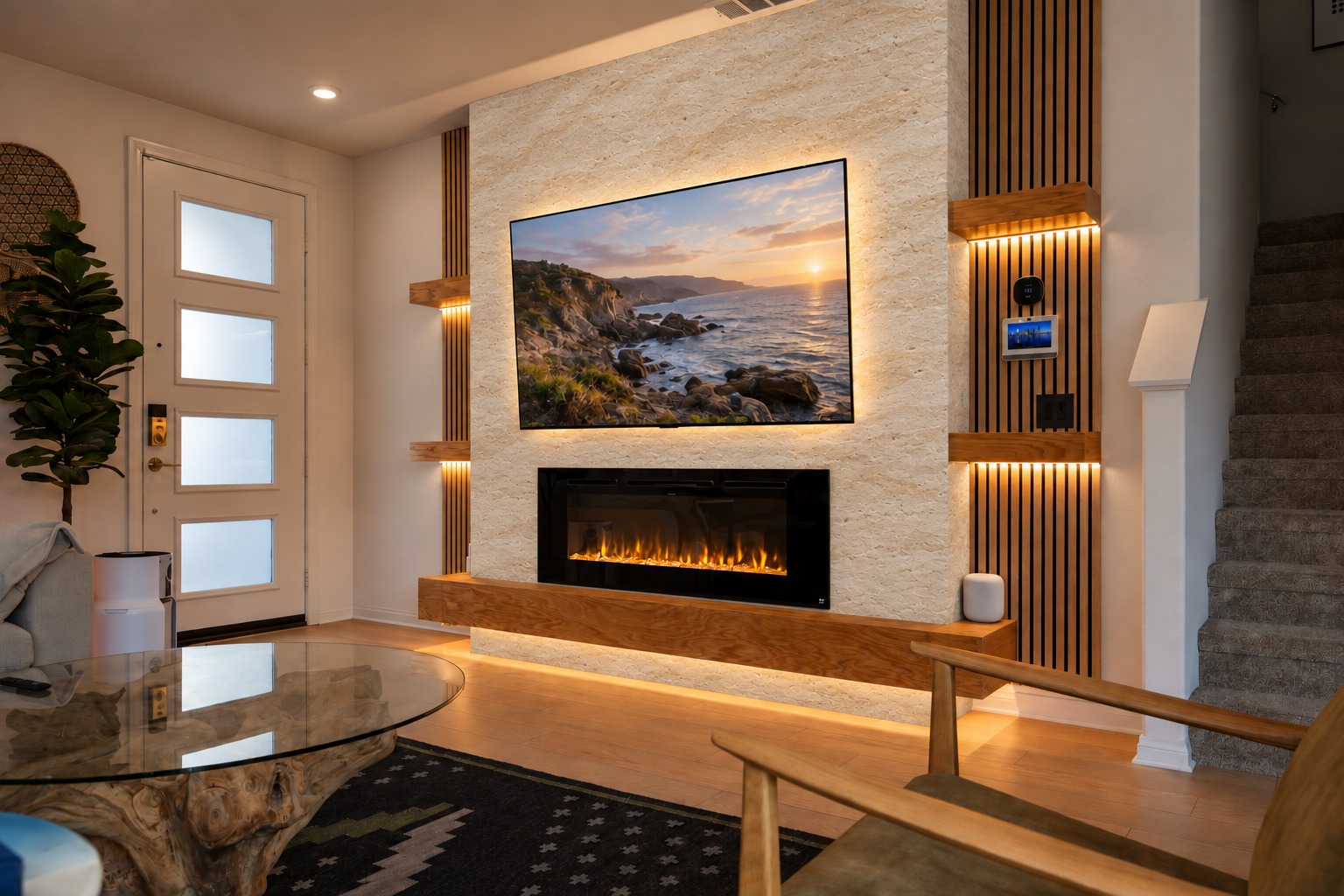 Vista media wall design concept in ivory sand lightweight natural stone with oak shelves and a lit fireplace