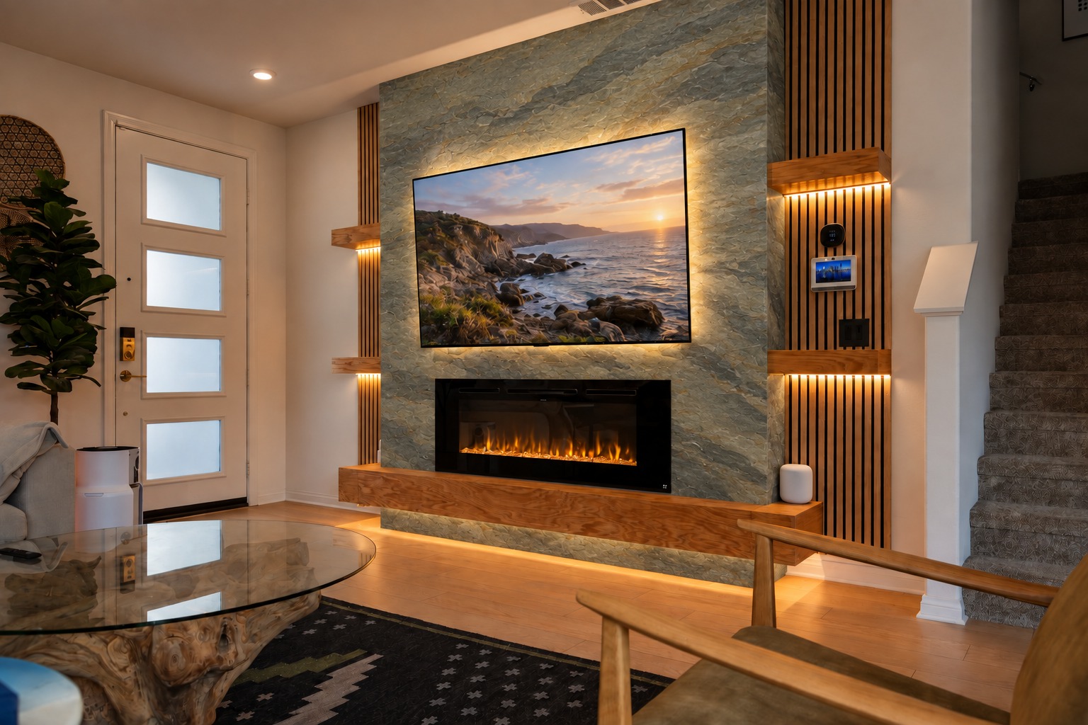 Vista media wall design concept in olive slate lightweight natural stone with oak shelves and a lit fireplace