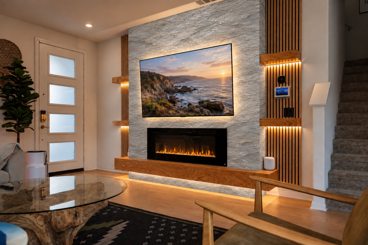 Vista media wall design concept in silver grey lightweight natural stone with oak shelves and a lit fireplace