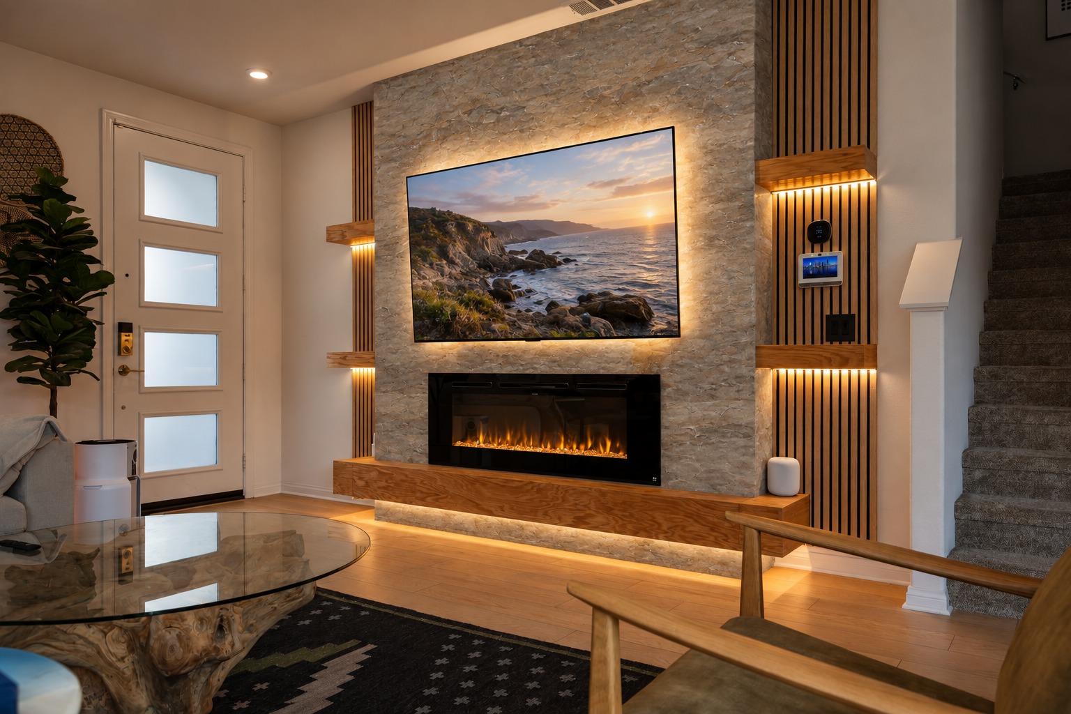 Vista media wall design concept in warm greige lightweight natural stone with oak shelves and a lit fireplace