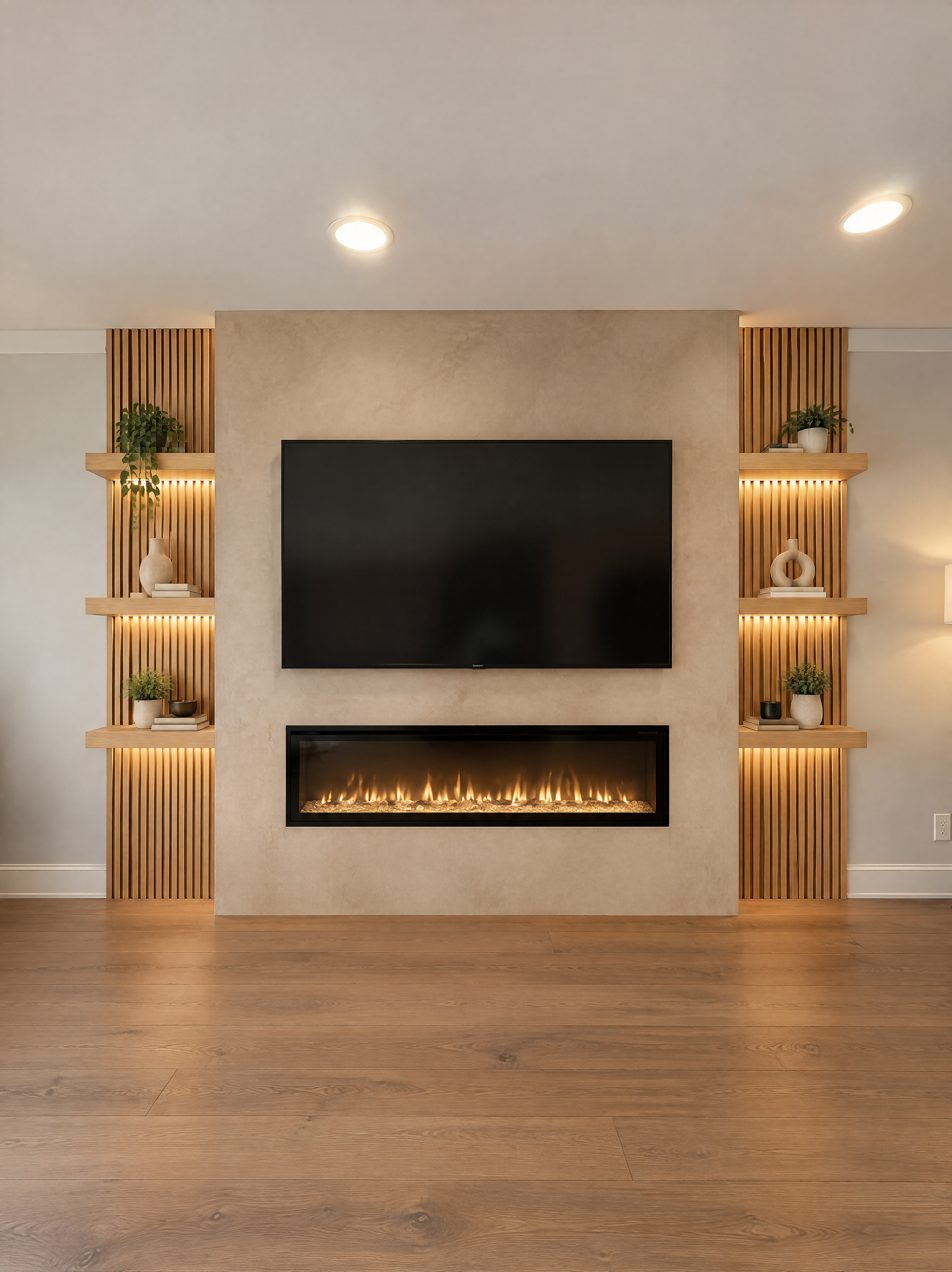 AI preview of Roman clay, oak shelves and a fireplace in the same room
